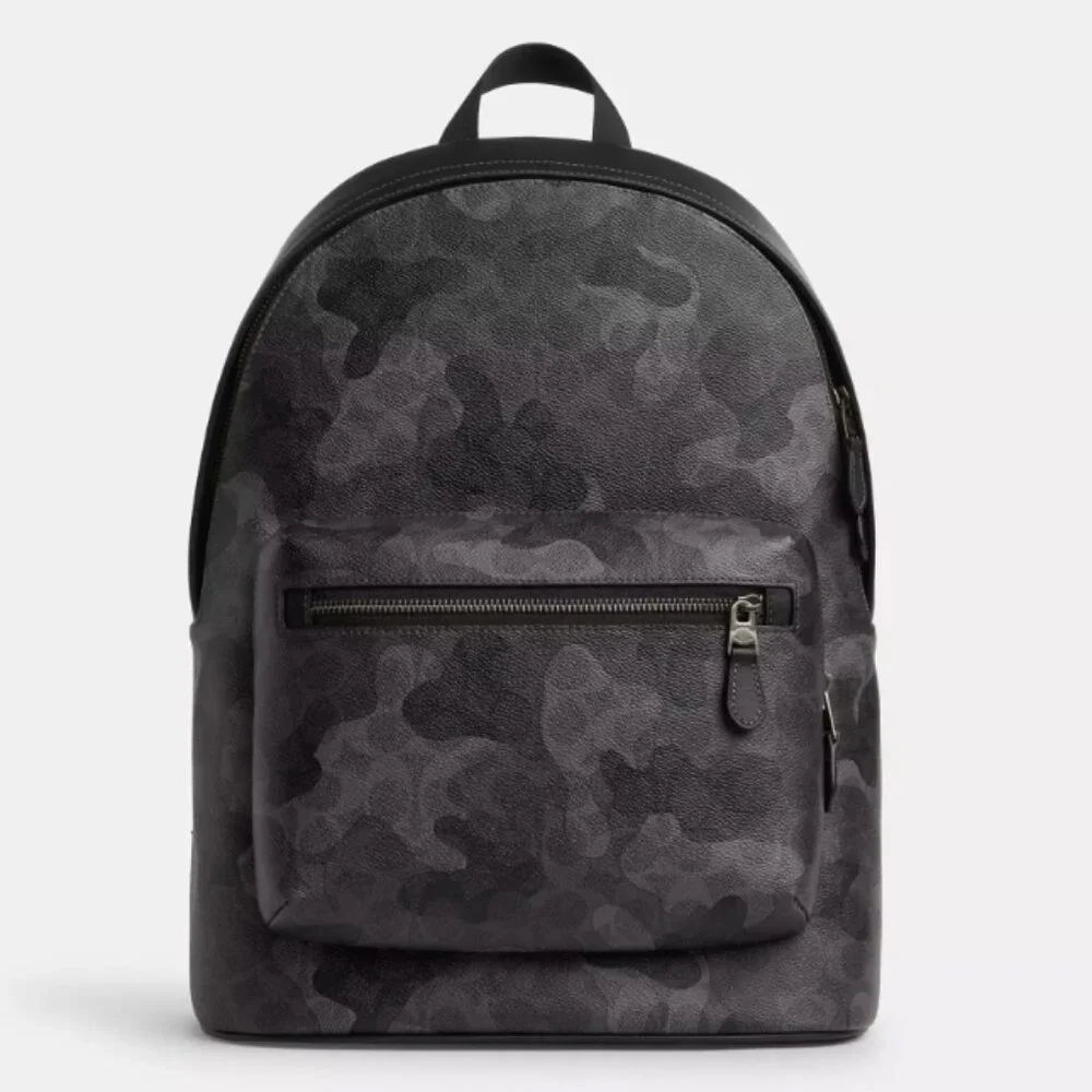 COACH Men's Backpack West Signature Camo Calf Leather Large Gunmetal/Gray, NWT